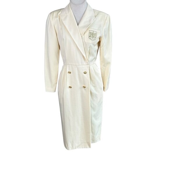 Liz Claiborne Vintage 80s 90s Ivory 100% Wool Military Gold Crest Dress Size 6 P - Picture 1 of 11